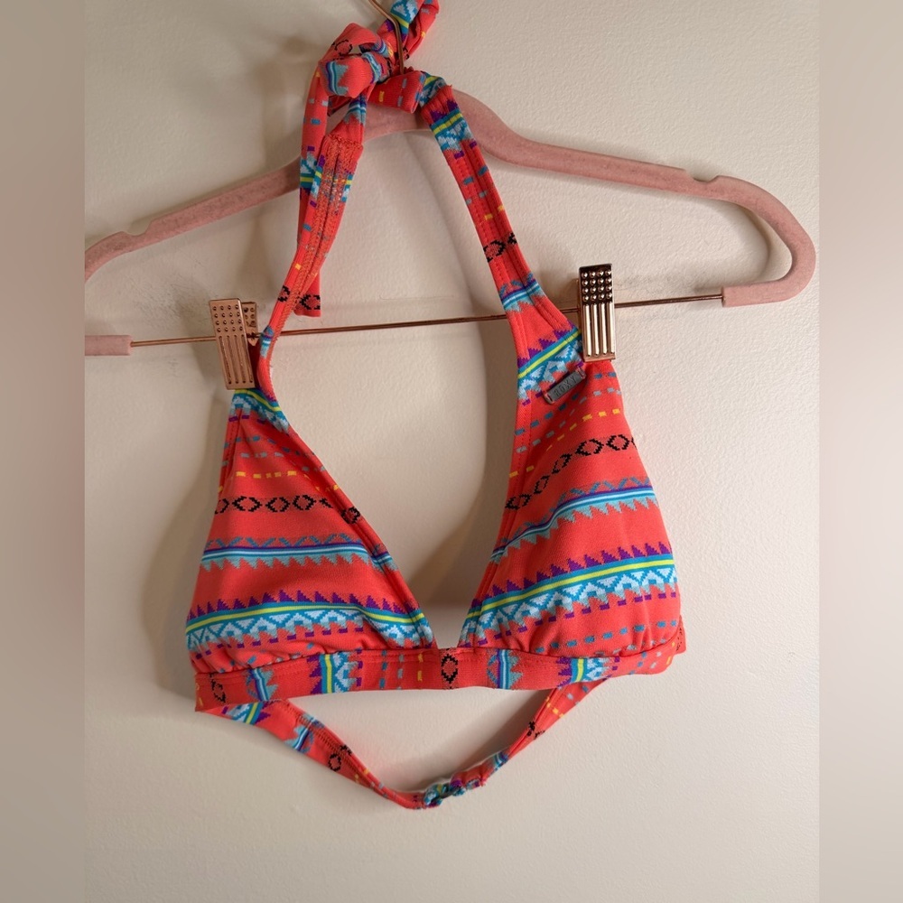 Roxy Coral and Blue Patterned Bikini Top